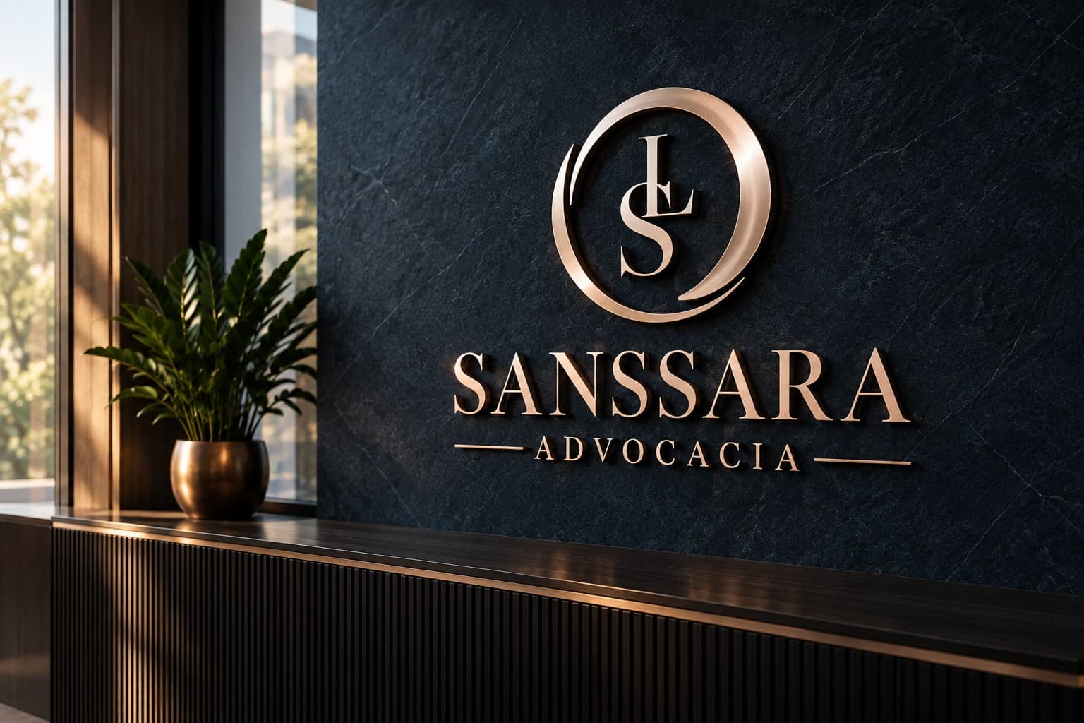 Painel com o logotipo da Sanssara Advocacia em ouro rosé na parede de pedra escura do escritório