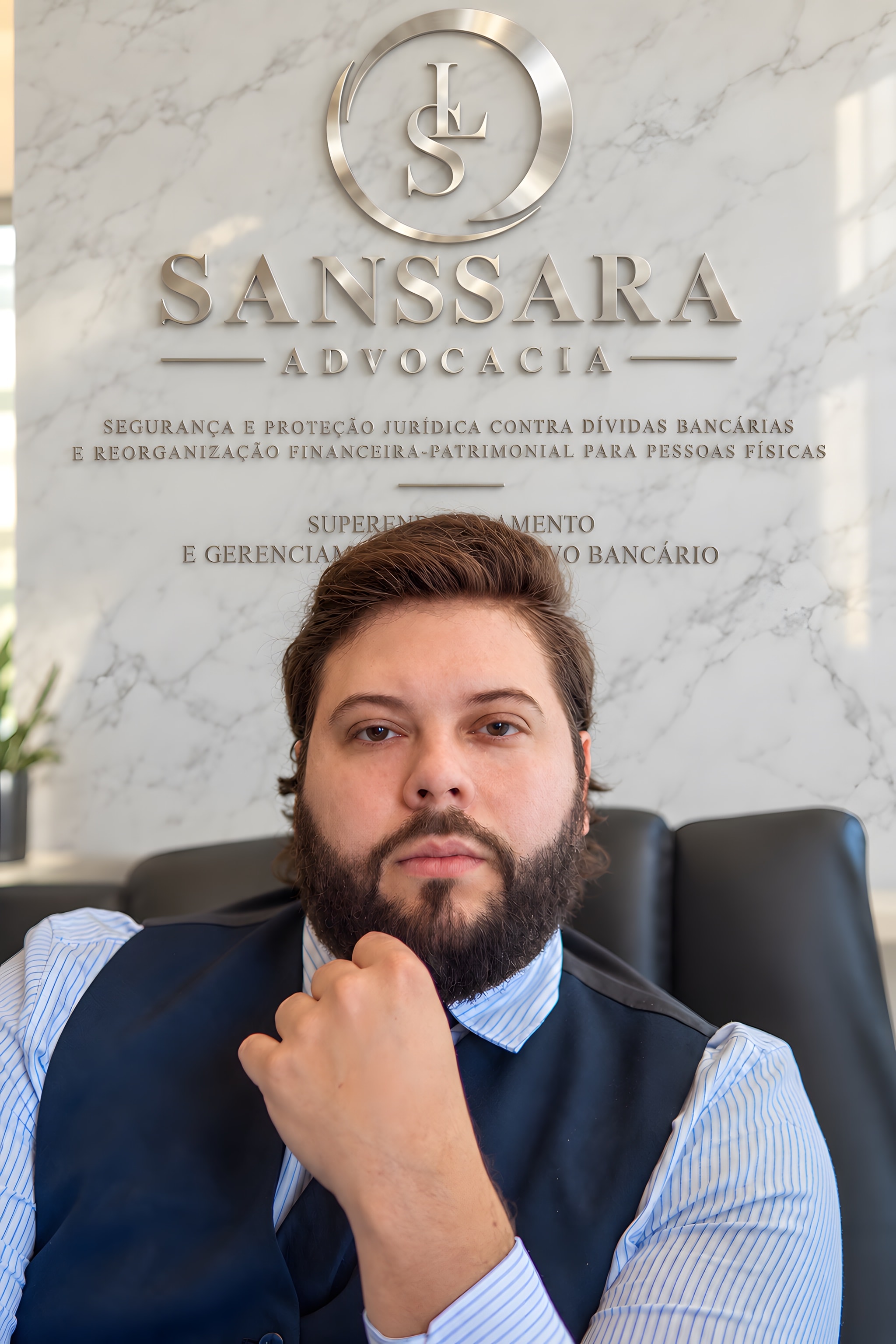 Advogado do escritório Lituan Sanssara sentado diante do painel com o logotipo da Sanssara Advocacia